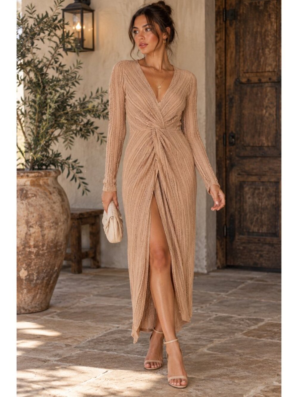 $297 JEN'S PIRATE BOOTY Lagerfeld Dress Midi Boho Crochet Tan Blush Designer M